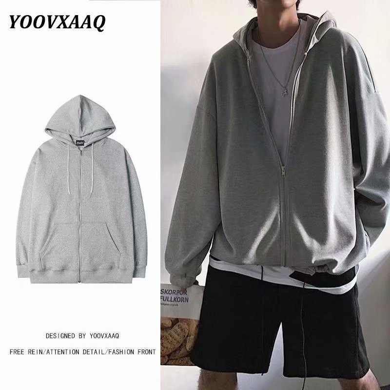 M~3XL Korean Men's Oversized Long Sleeve Sweater Fashion Solid Color Loose Zip Jacket Hoodie